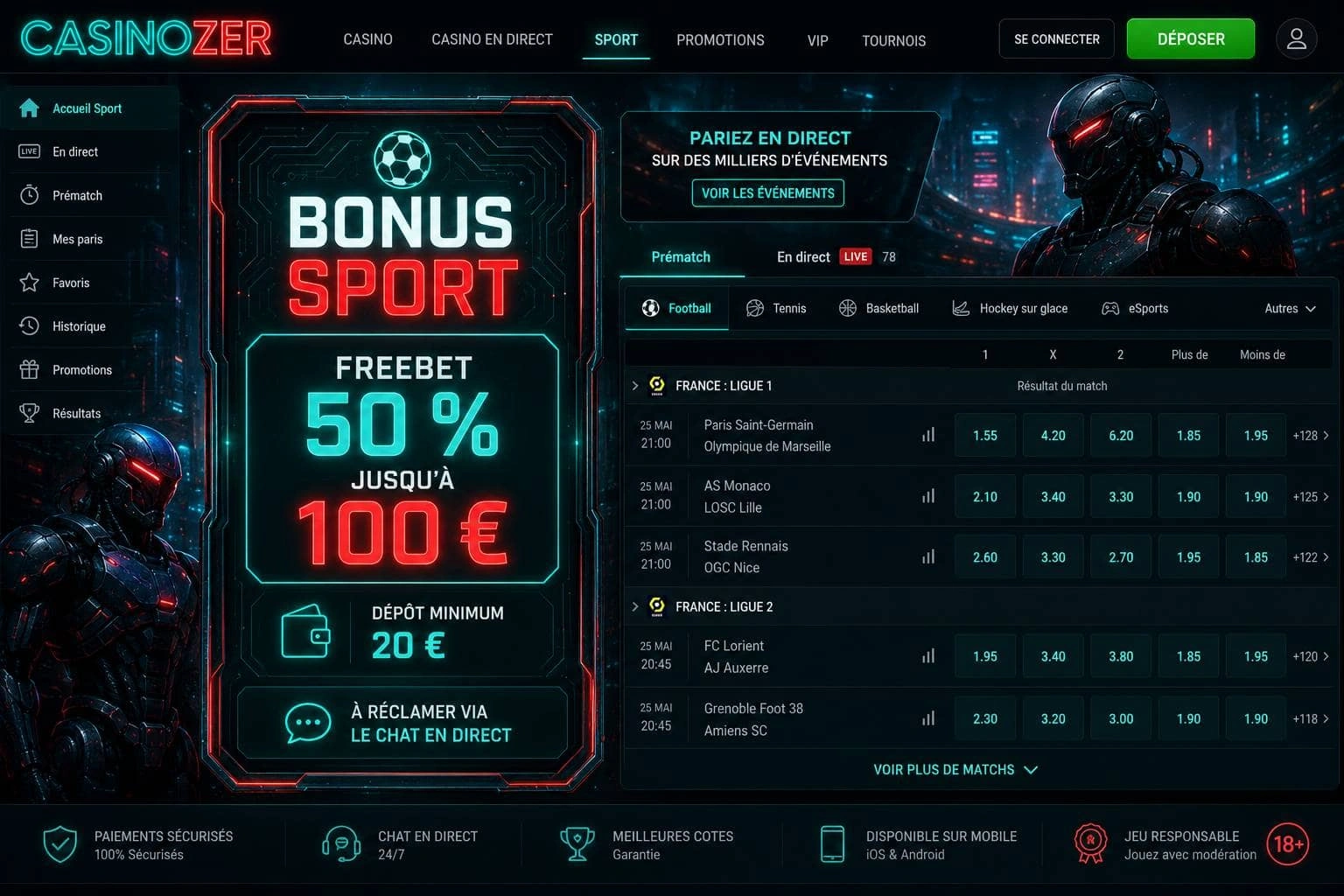 Bonus sport Casinozer : freebet 50 % jusqu'à 100 €