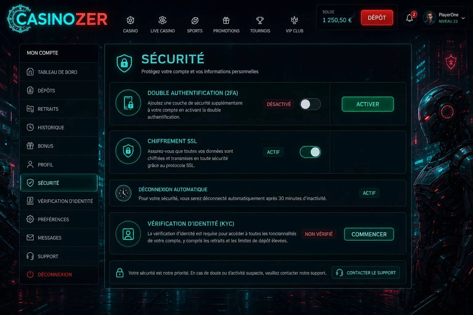 Sécurité du compte Casinozer connexion